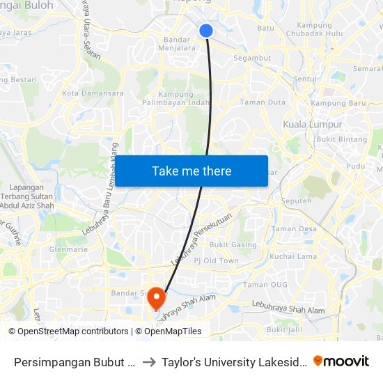 Persimpangan Bubut (Kl2464) to Taylor's University Lakeside Campus map