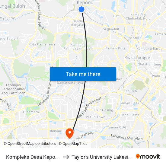 Kompleks Desa Kepong (Kl938) to Taylor's University Lakeside Campus map