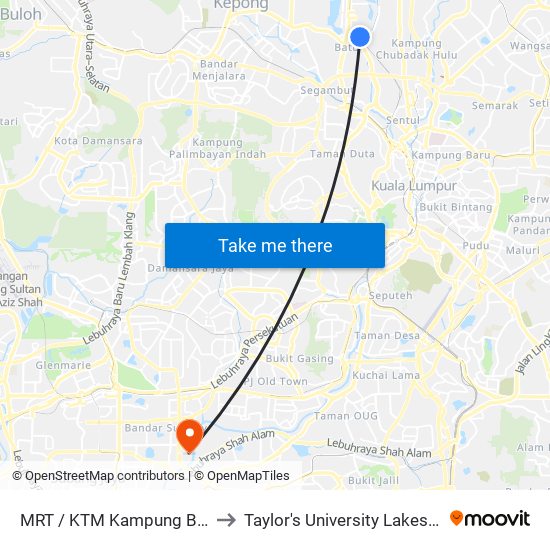 MRT / KTM Kampung Batu (Kl594) to Taylor's University Lakeside Campus map