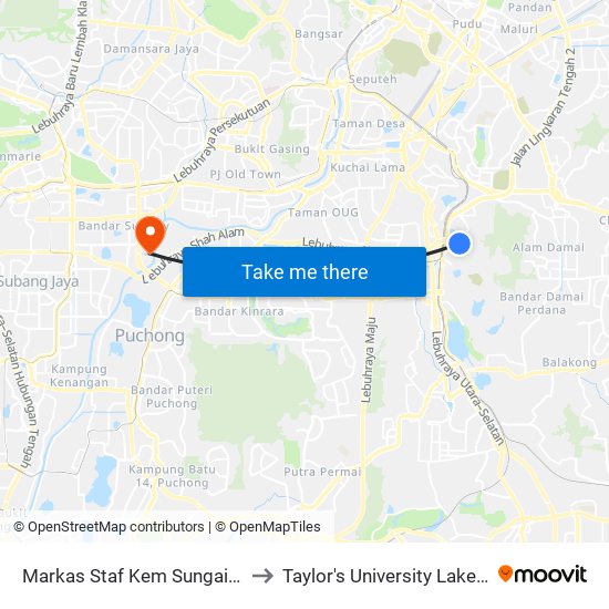 Markas Staf Kem Sungai Besi (Kl1671) to Taylor's University Lakeside Campus map