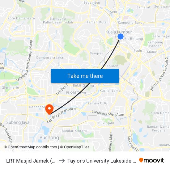 LRT Masjid Jamek (Kl105) to Taylor's University Lakeside Campus map