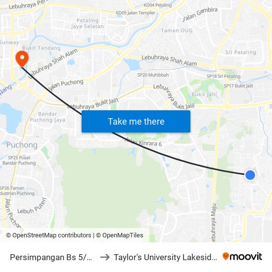 Persimpangan Bs 5/2 (Sj809) to Taylor's University Lakeside Campus map