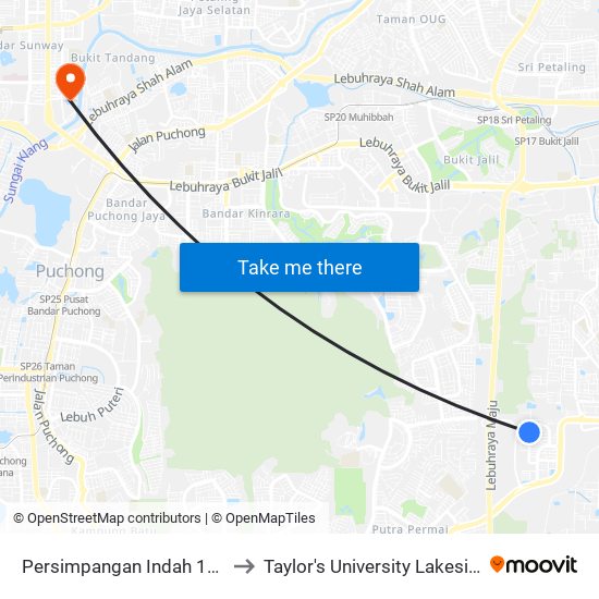 Persimpangan Indah 1/15 (Sj796) to Taylor's University Lakeside Campus map