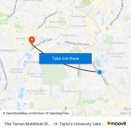 Flat Taman Muhibbah Blok A (Sj792) to Taylor's University Lakeside Campus map