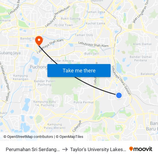 Perumahan Sri Serdang 18 (Sj821) to Taylor's University Lakeside Campus map