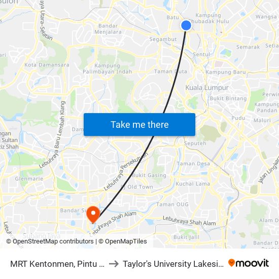 MRT Kentonmen, Pintu A (Kl2495) to Taylor's University Lakeside Campus map