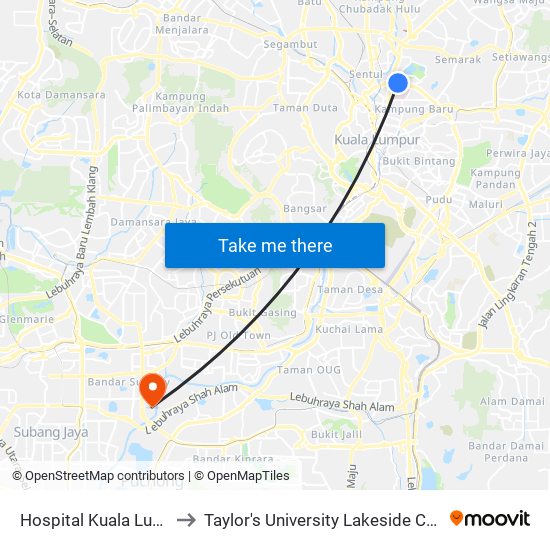 Hospital Kuala Lumpur to Taylor's University Lakeside Campus map