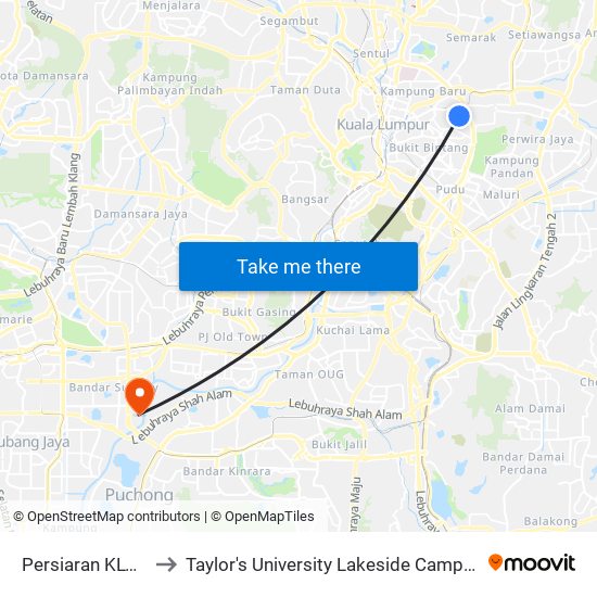 Persiaran KLCC to Taylor's University Lakeside Campus map