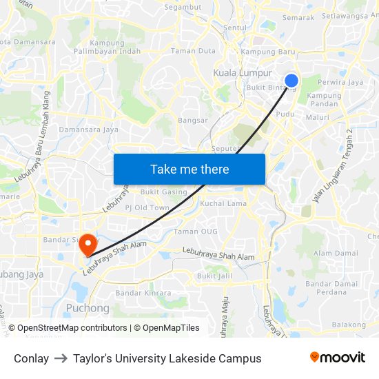 Conlay to Taylor's University Lakeside Campus map