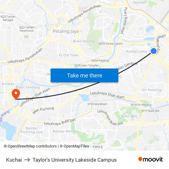 Kuchai to Taylor's University Lakeside Campus map