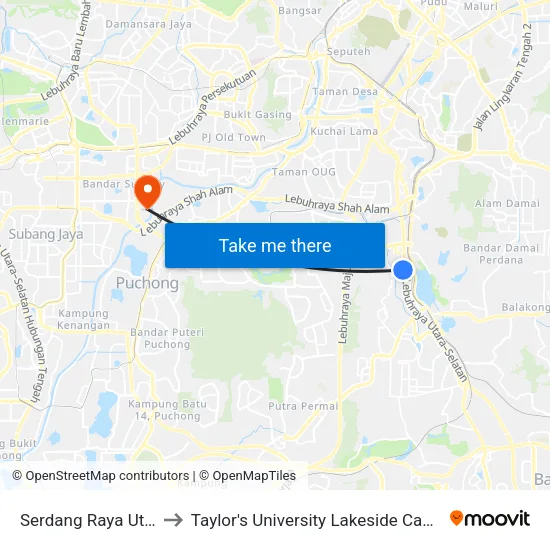 Serdang Raya Utara to Taylor's University Lakeside Campus map