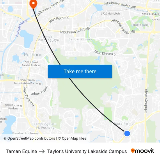Taman Equine to Taylor's University Lakeside Campus map