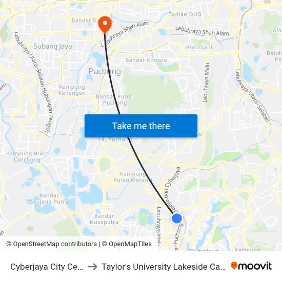 Cyberjaya City Centre to Taylor's University Lakeside Campus map