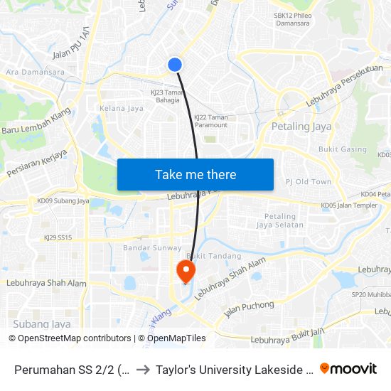 Perumahan SS 2/2 (Pj625) to Taylor's University Lakeside Campus map