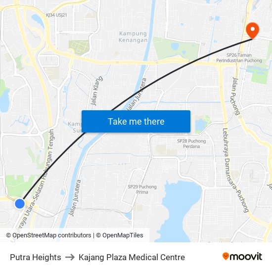 Putra Heights to Kajang Plaza Medical Centre map