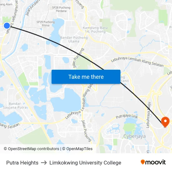 Putra Heights to Limkokwing University College map