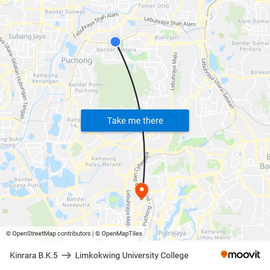 Kinrara B.K.5 to Limkokwing University College map