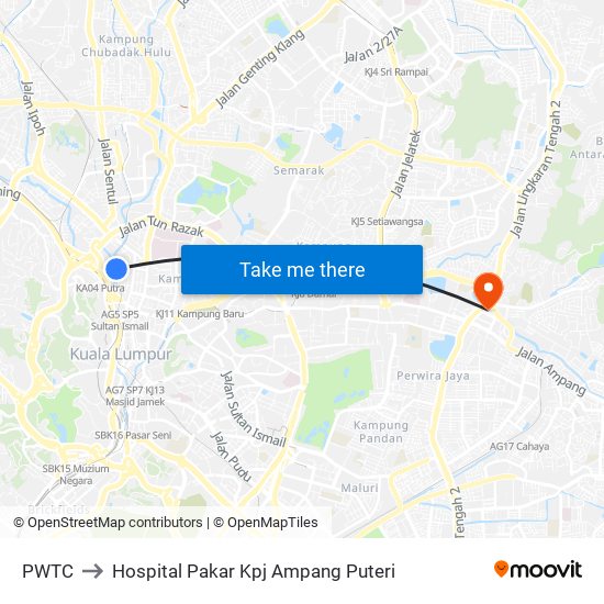 PWTC to Hospital Pakar Kpj Ampang Puteri map