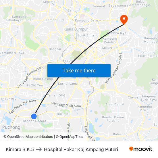 Kinrara B.K.5 to Hospital Pakar Kpj Ampang Puteri map