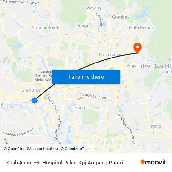 Shah Alam to Hospital Pakar Kpj Ampang Puteri map