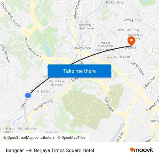 Bangsar to Berjaya Times Square Hotel map