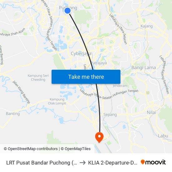 LRT Pusat Bandar Puchong (Sj735) to KLIA 2-Departure-Door 4 map