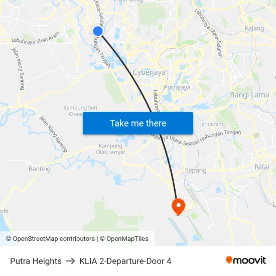 Putra Heights to KLIA 2-Departure-Door 4 map