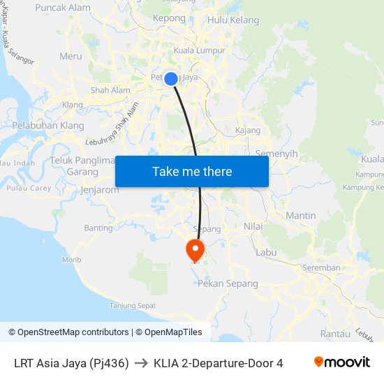 LRT Asia Jaya (Pj436) to KLIA 2-Departure-Door 4 map