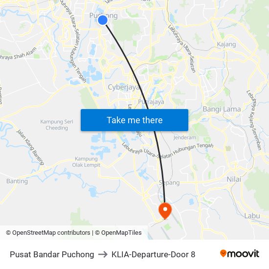 Pusat Bandar Puchong to KLIA-Departure-Door 8 map