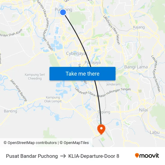 Pusat Bandar Puchong to KLIA-Departure-Door 8 map