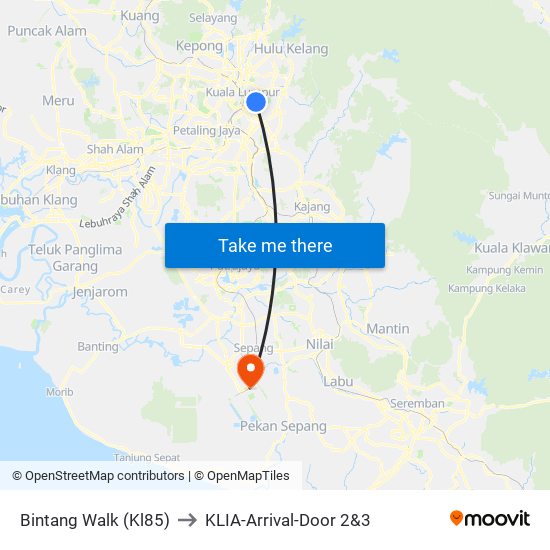Bintang Walk (Kl85) to KLIA-Arrival-Door 2&3 map