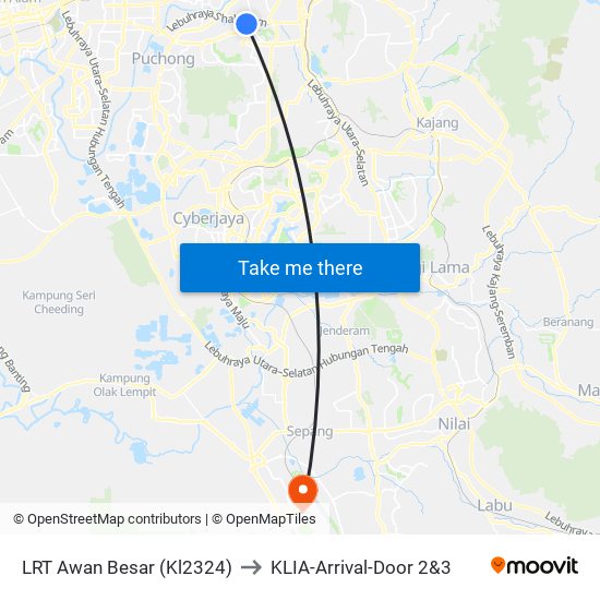 LRT Awan Besar (Kl2324) to KLIA-Arrival-Door 2&3 map