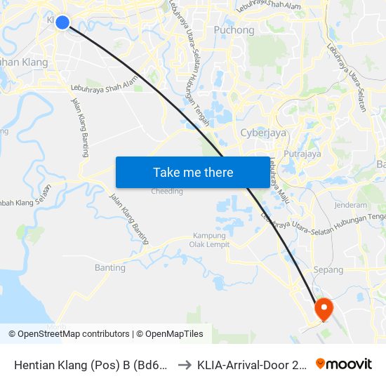 Hentian Klang (Pos) B (Bd664) to KLIA-Arrival-Door 2&3 map