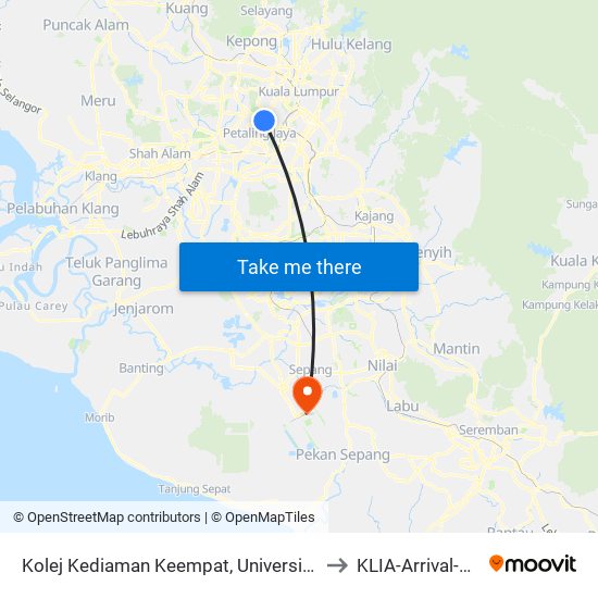 Kolej Kediaman Keempat, Universiti Malaya (Kl2348) to KLIA-Arrival-Door 2&3 map