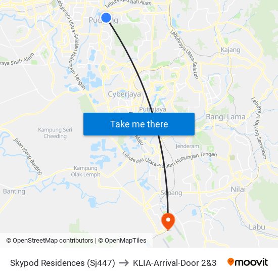 Skypod Residences (Sj447) to KLIA-Arrival-Door 2&3 map