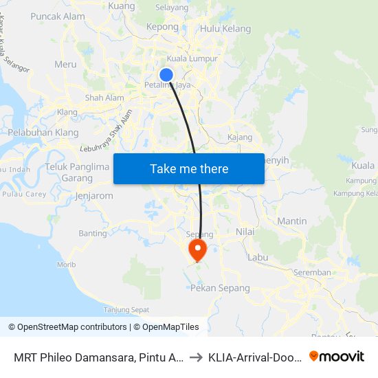 MRT Phileo Damansara, Pintu A (Pj823) to KLIA-Arrival-Door 2&3 map