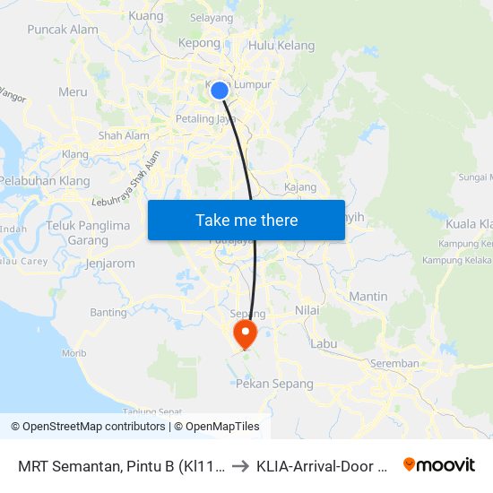 MRT Semantan, Pintu B (Kl1174) to KLIA-Arrival-Door 2&3 map