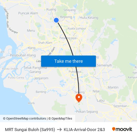 MRT Sungai Buloh (Sa995) to KLIA-Arrival-Door 2&3 map