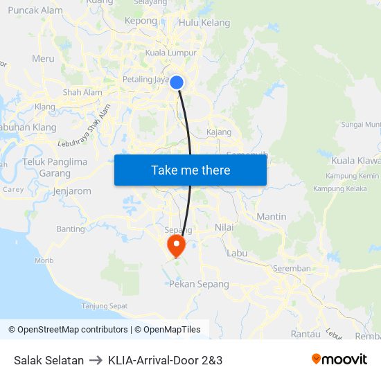 Salak Selatan to KLIA-Arrival-Door 2&3 map