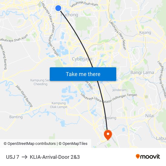 USJ 7 to KLIA-Arrival-Door 2&3 map