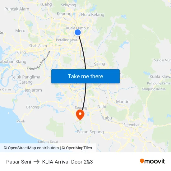 Pasar Seni to KLIA-Arrival-Door 2&3 map