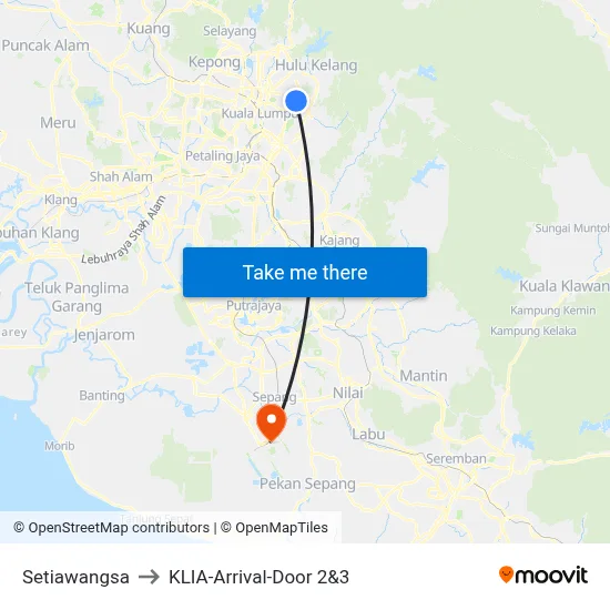 Setiawangsa to KLIA-Arrival-Door 2&3 map