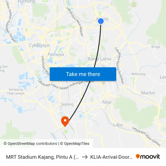 MRT Stadium Kajang, Pintu A (Kj822) to KLIA-Arrival-Door 2&3 map