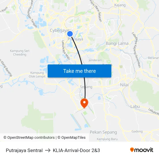 Putrajaya Sentral to KLIA-Arrival-Door 2&3 map
