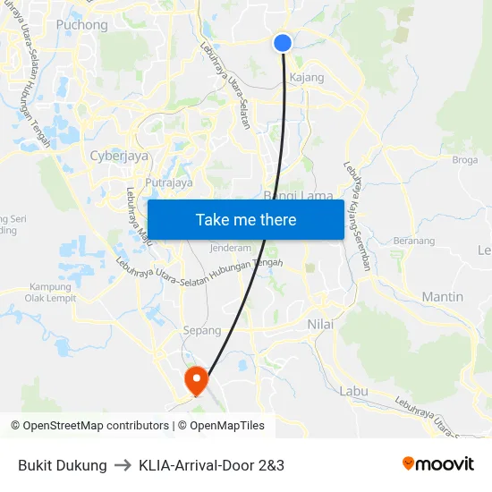 Bukit Dukung to KLIA-Arrival-Door 2&3 map