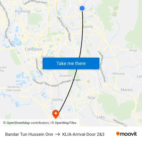 Bandar Tun Hussein Onn to KLIA-Arrival-Door 2&3 map