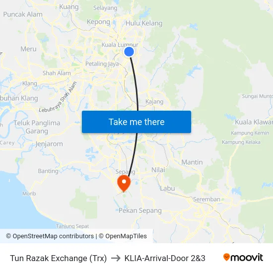 Tun Razak Exchange (Trx) to KLIA-Arrival-Door 2&3 map