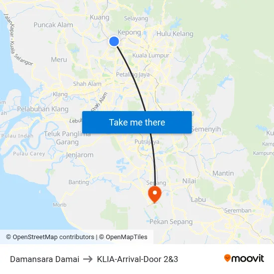 Damansara Damai to KLIA-Arrival-Door 2&3 map