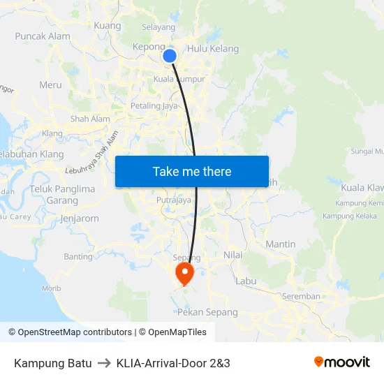 Kampung Batu to KLIA-Arrival-Door 2&3 map