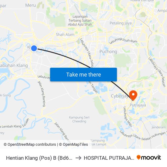 Hentian Klang (Pos) B (Bd664) to HOSPITAL PUTRAJAYA map